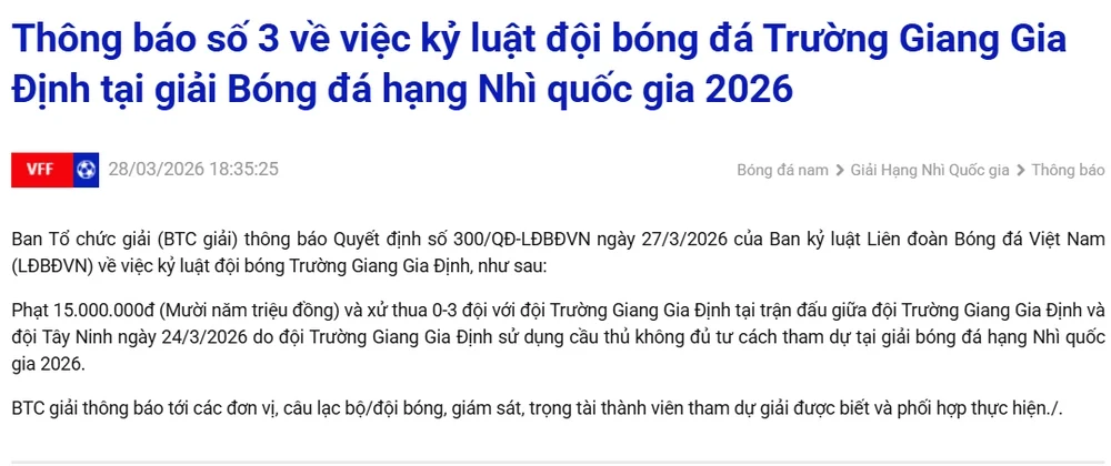 Thông báo của VFF về án phạt