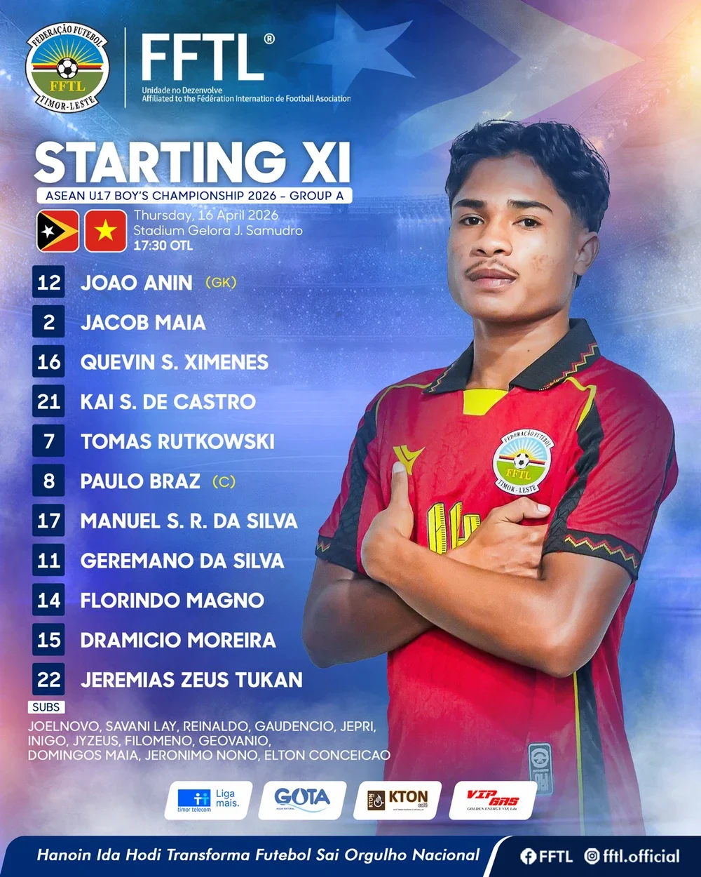 TRỰC TIẾP bóng đá Việt Nam vs Timor Leste 15h30 hôm nay: Hai đội công bố đội hình ra sân - Ảnh 3.Đội hình xuất phát của U17 Timor Leste